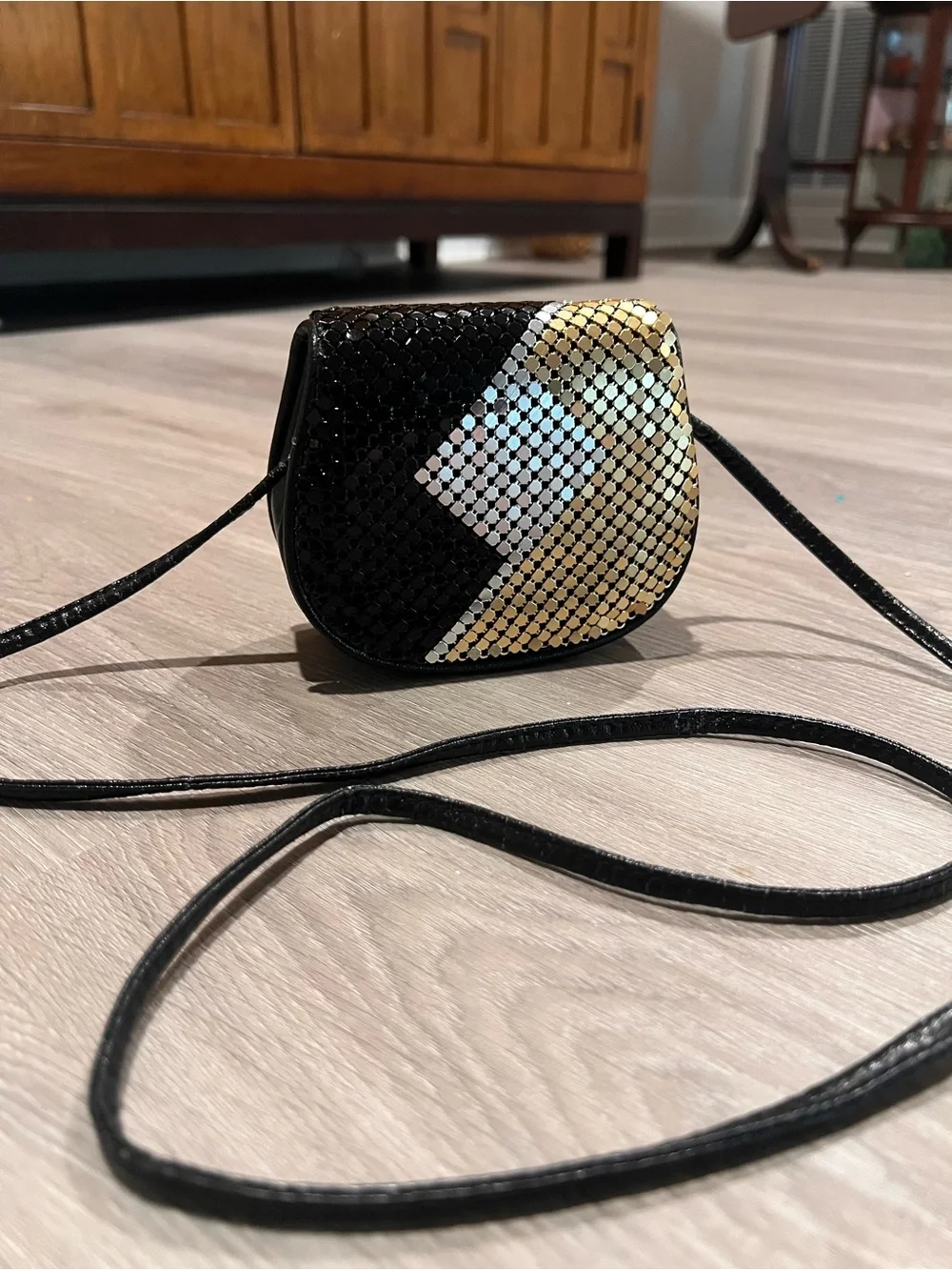 Vintage Black, Gold, Cream Woven Chevron Crossbody